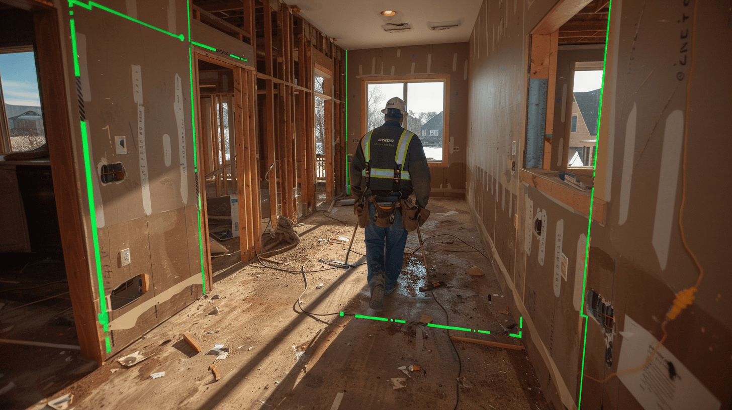 Restoration worker surveying a damaged property with LiDAR scan lines