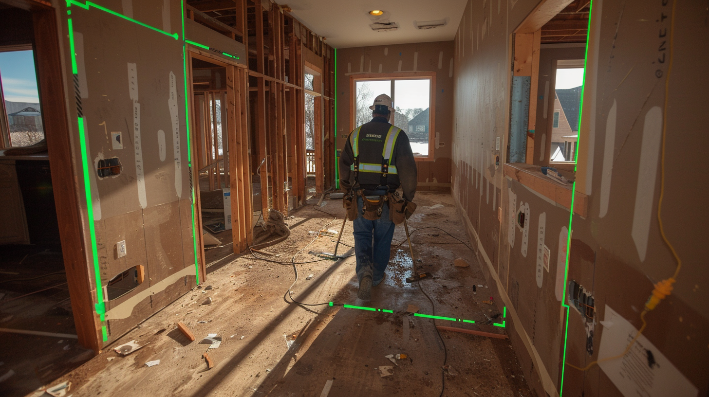 Restoration worker surveying a damaged property with LiDAR scan lines